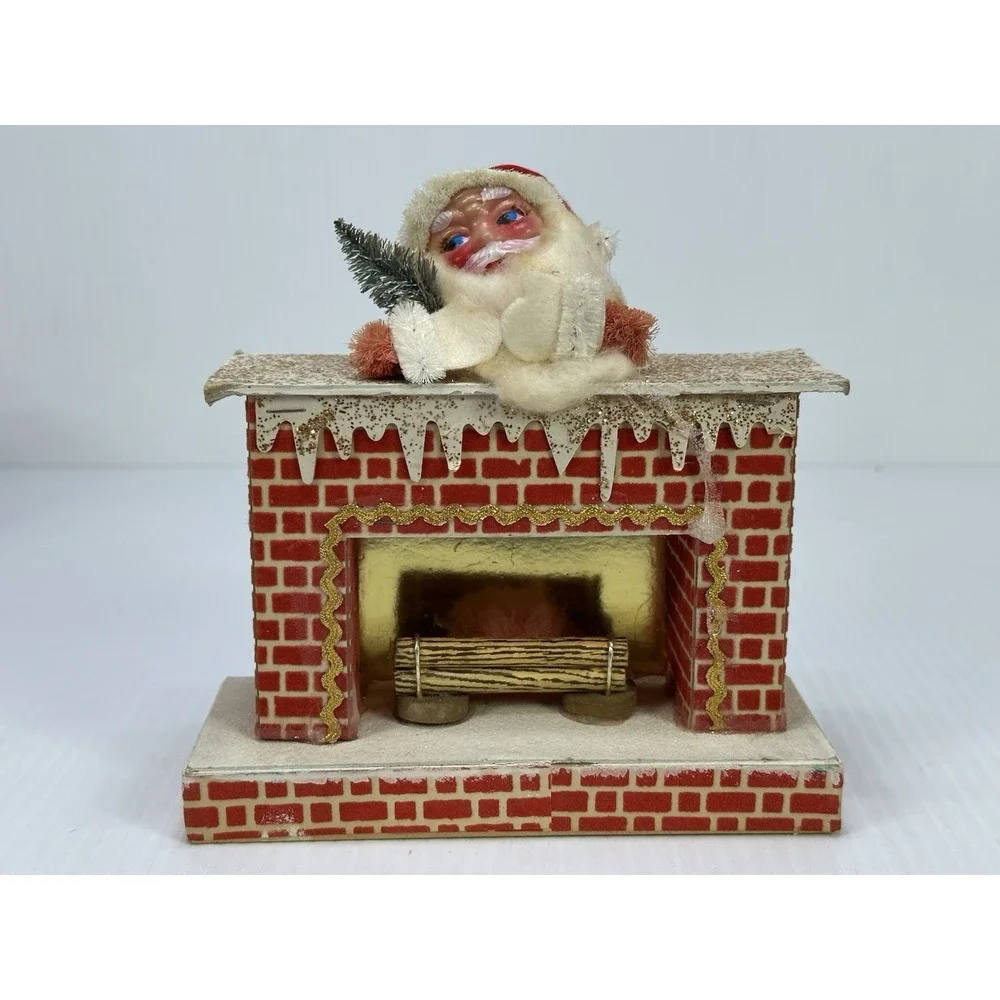 Vintage Christmas Tree Santa Claus & Fireplace Decoration Made In Japan